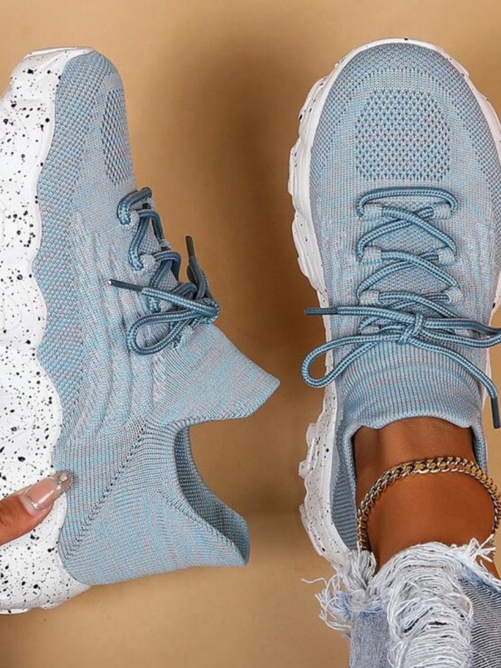 Women’s Light Blue Knit Slip-On Sneakers with Speckled White Sole Size 8.5